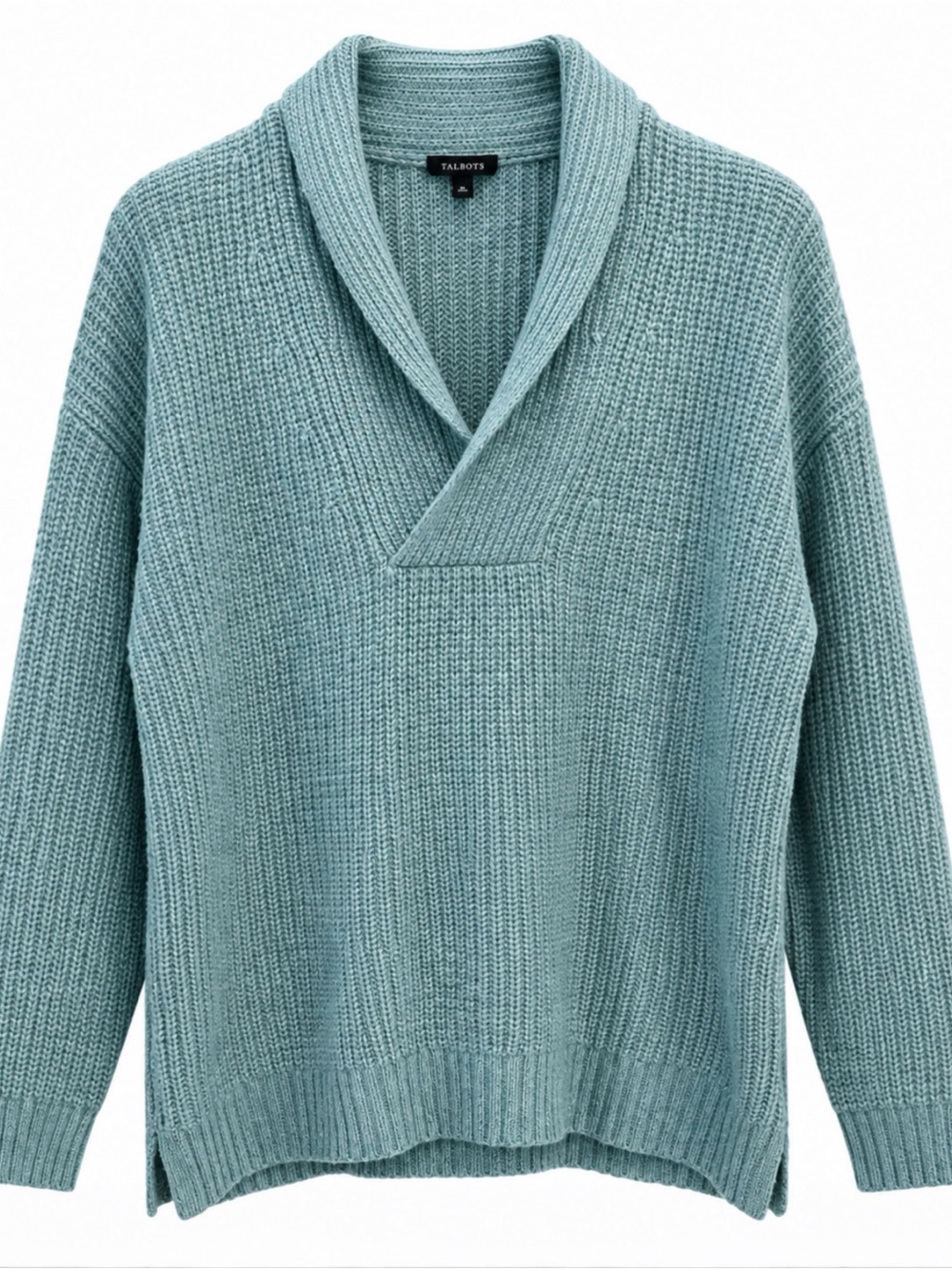 Talbots Sweater M Ribbed Knit Shawl Collar Pullover Long Sleeve Seafoam Green